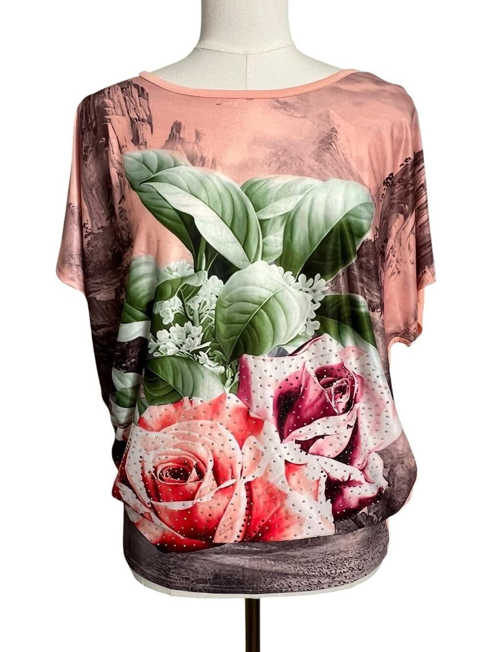 Winnie Fashion Tunic Top Womens S/M Pink Floral Rhinestone Dolman Shirt Top